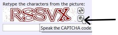 A Captcha asking the user to type characters from an image, with an audio button, “Speak the Captcha code”